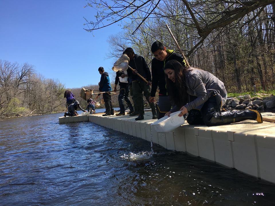 a group of teenagers on a dock dipping buckets into the Milwaukee River on a sunny day