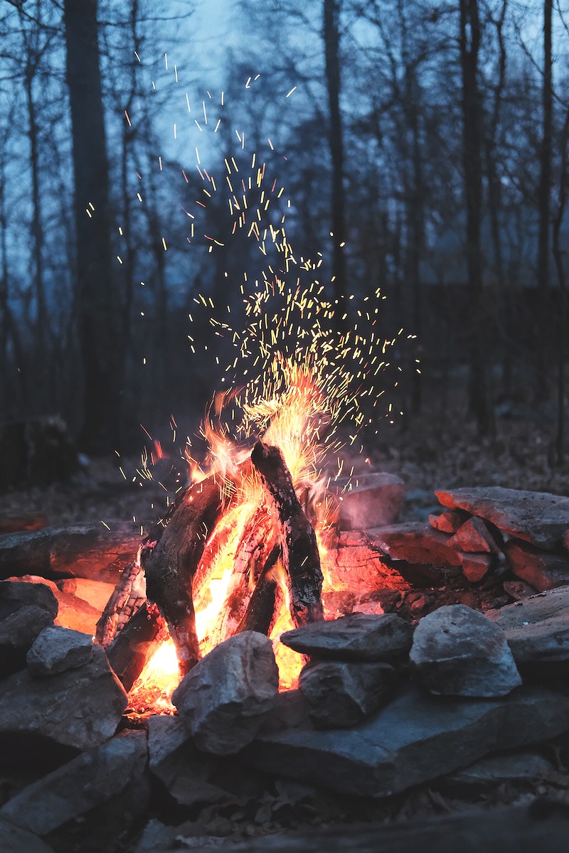 campfire in the woods with embers rising from the flames
