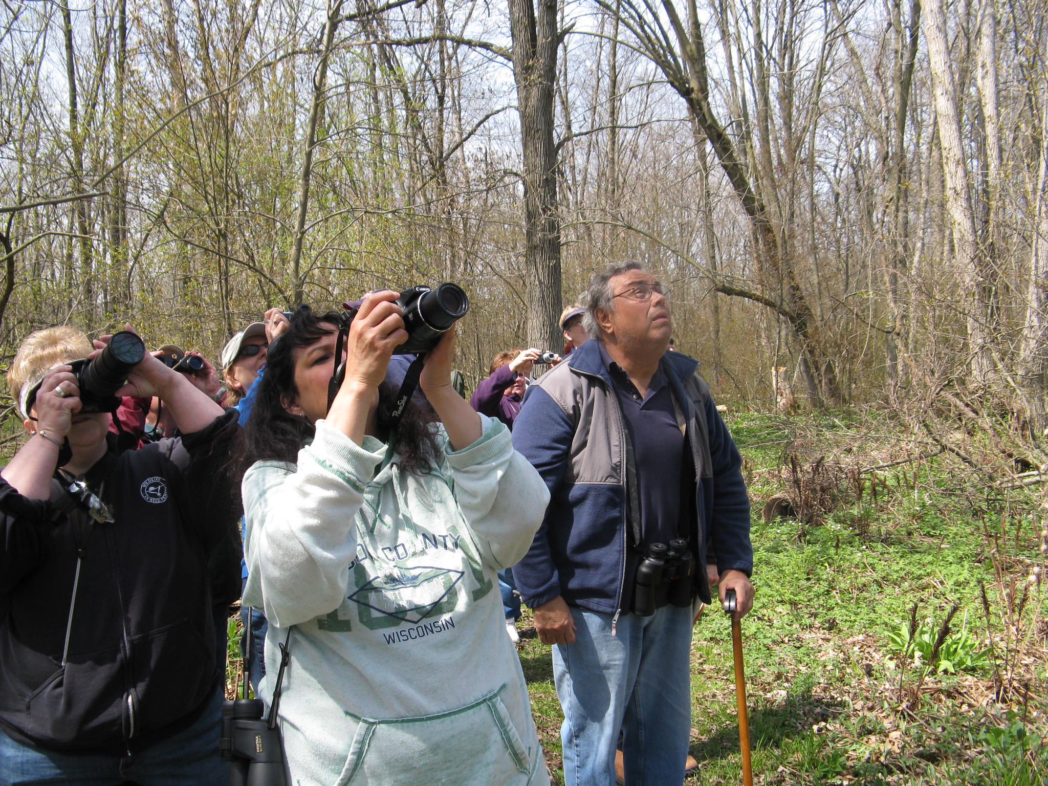 a small group of adults with cameras and binoculars looking for birds in the forest at Riveredge