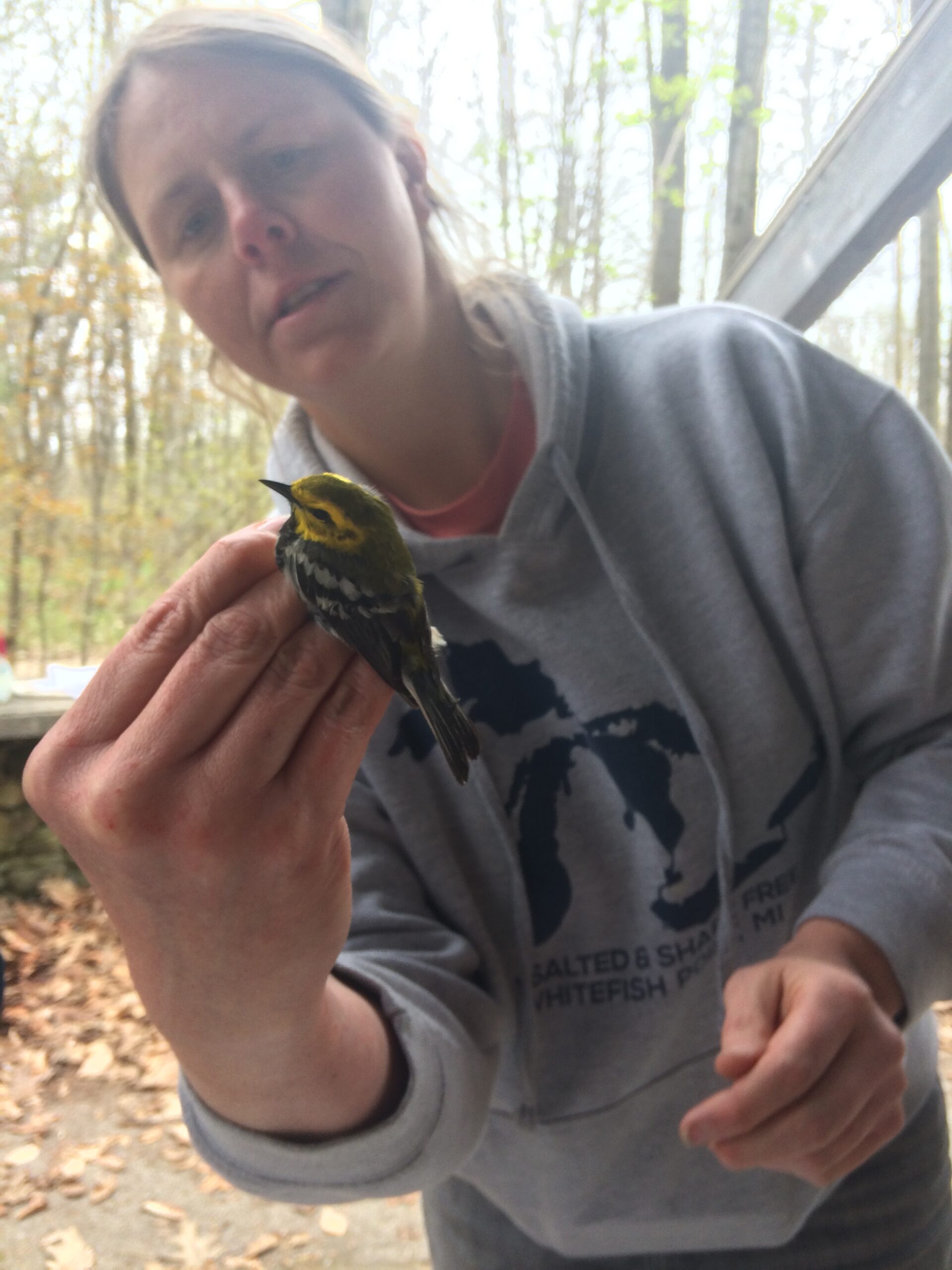 a white woman holds a small bird in her hand and studies it closely