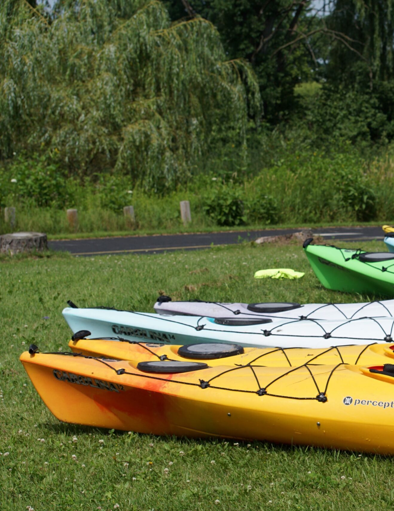 colorful kayaks lined up in a row next to the Milwaukee River with trees in the background