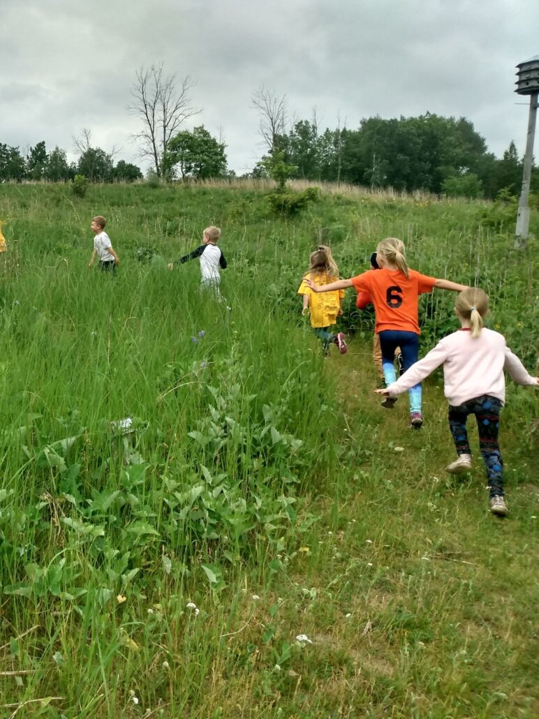 a small group of kids playfully hiking on a trail through the Riveredge prairie in summer