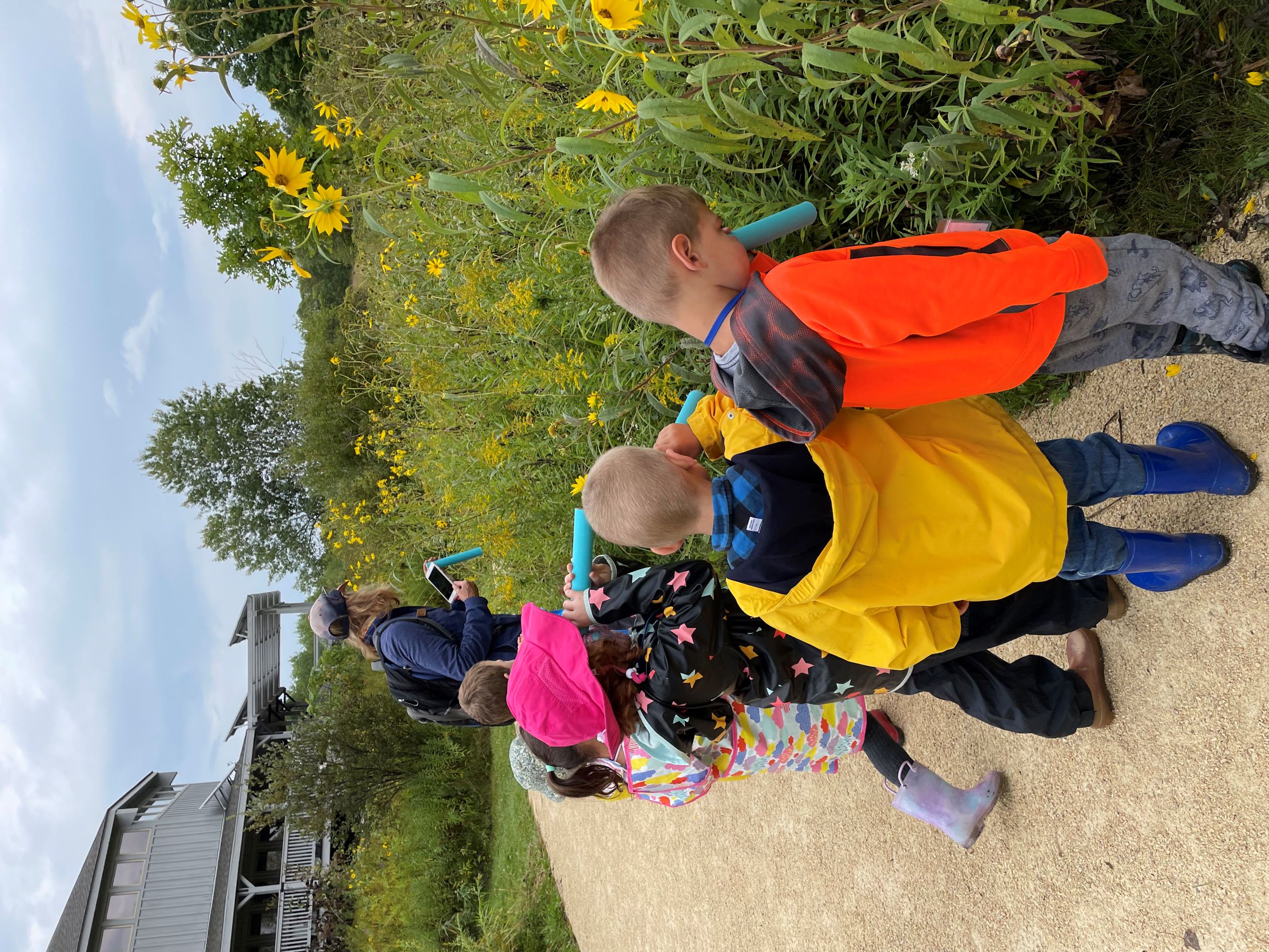 6 young kids look at fall prairie flowers at Riveredge from a trail guided by an educator