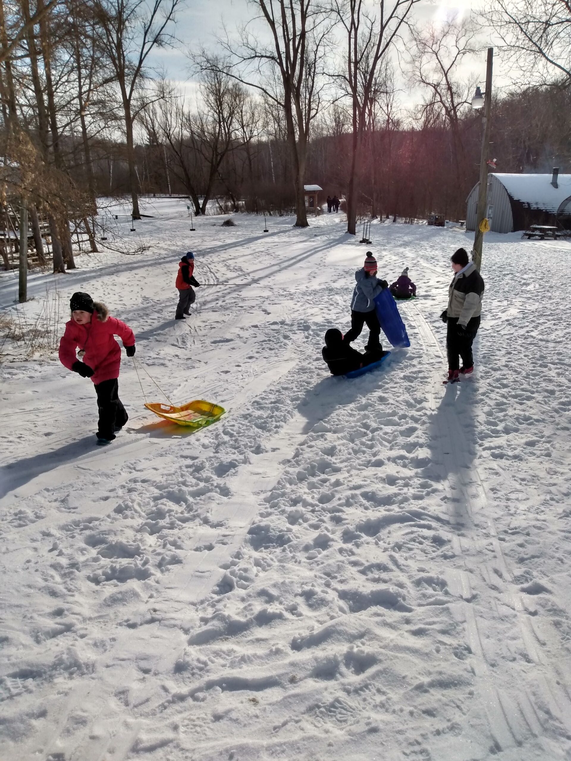 6 kids dressed in winter gear sled on the Riveredge hill covered in snow on a sunny winter day