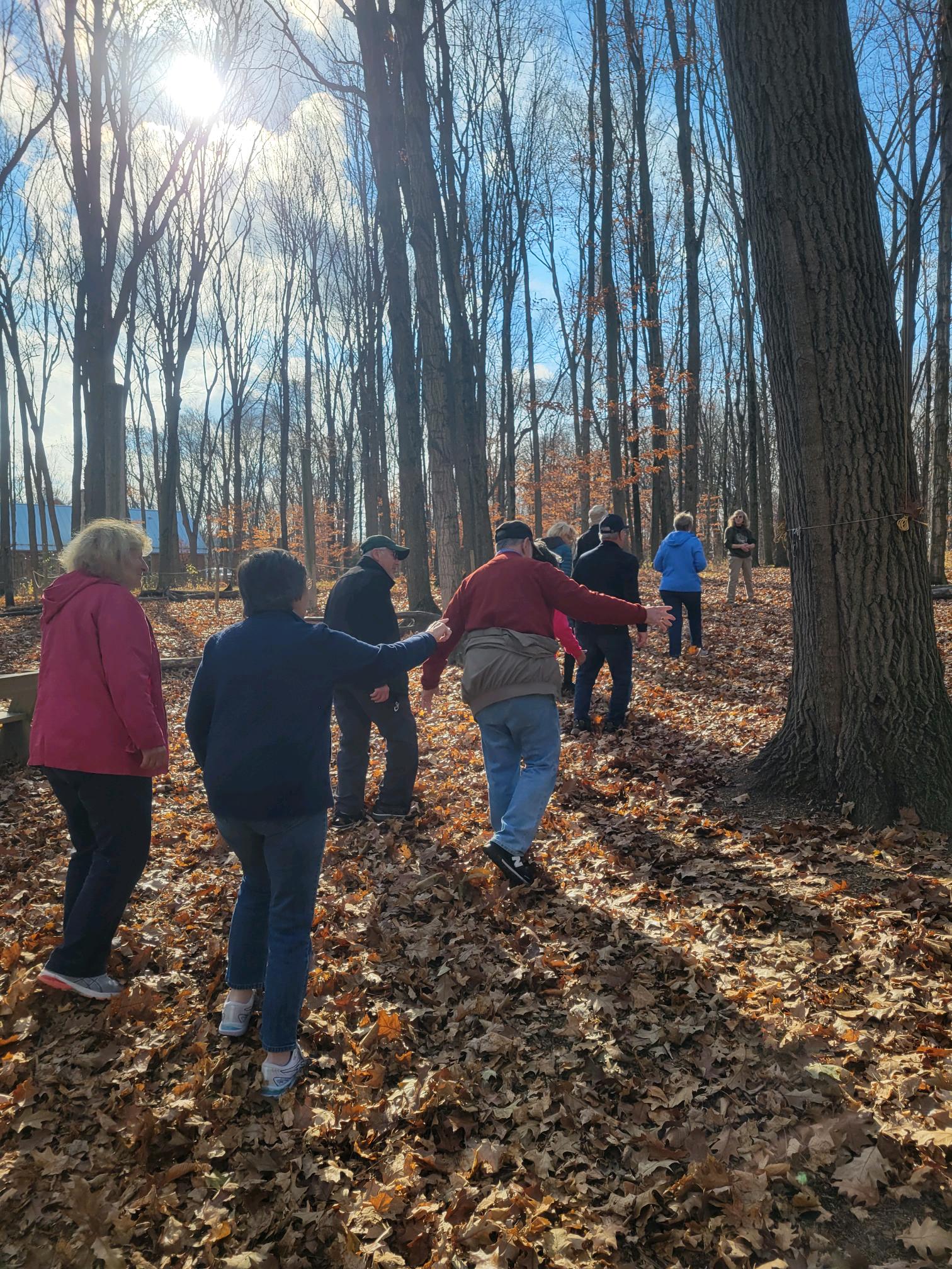 a small group of older adults walks through a forst in autumn with orange leaves on the ground and sunshine peeking through the bare trees