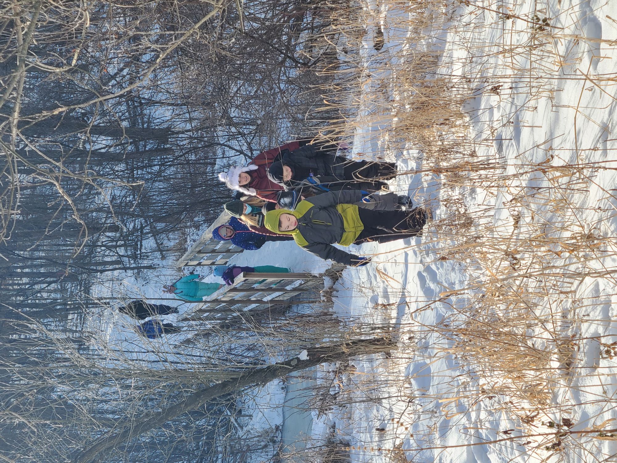 a small group of kids and adults bundled in winter gear hike across a wooden foot bridge through the Riveredge forest into the prairie