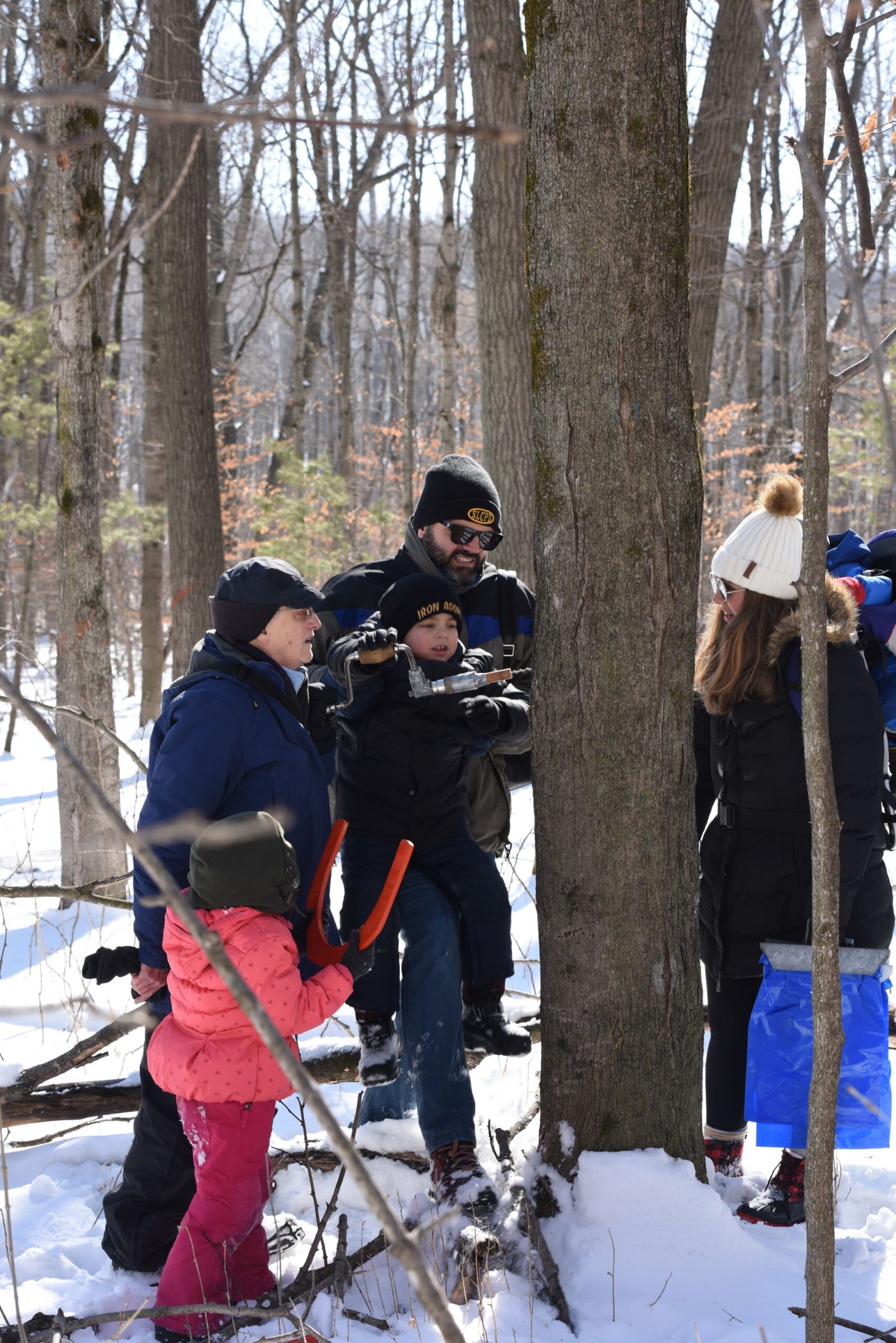 5 people of all ages tapping a maple tree in the Riveredge woods with snow on the ground